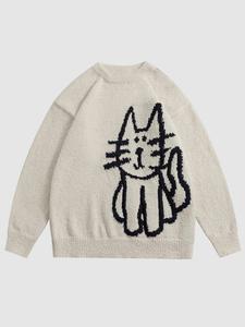 men's cartoon cat print crewneck graphic sweater, valentine's day gift for men, loose casual streetwear longsleeves knitted sweater jumper for fall winter menswear, streetwear y2k tops