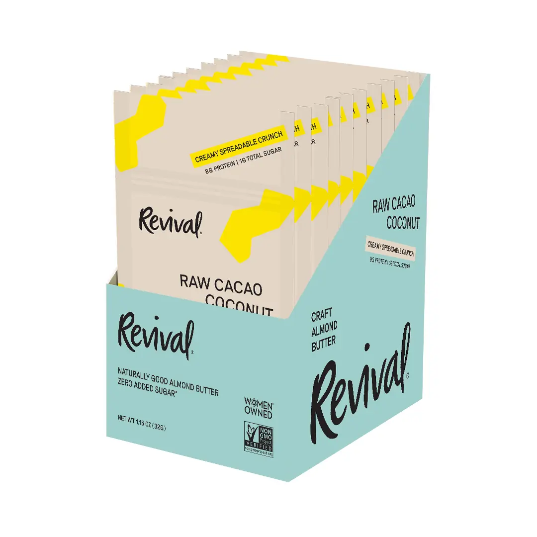 Revival Craft Almond Butter, Raw Cacao Coconut Chocolate Squeeze Pouches Travel Size Keto Clean Ingredients Superfoods