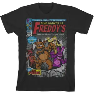 Five Nights at Freddy's Comic Cover Graphic Tee Black Crew Neck Short Sleeve Cotton Vacation Birthday Gift for Men Boys Kids Adults