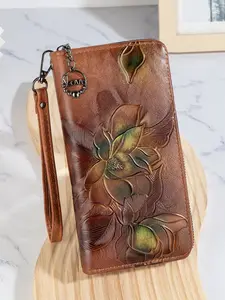 Vintage Embossed Floral Long Wallet, Multi-Functional Zipper Coin Purse, Large Capacity Layered Storage Bag for Women, All Seasons, Elegant Fashion Wallet