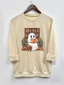 Women's Halloween Ghost & Book Print Round Neck Funny Sweatshirt, Casual Long Sleeve Pullover, Women's Fall & Winter Clothes for Daily Wear