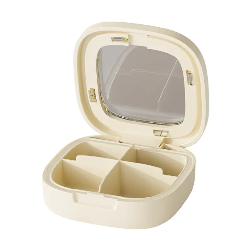 INGREENS Sugar Cube Shape Mini Pill Organizer - 4-Compartment Portable Reusable Locking Pocket-Size Box, Airtight Moisture-Proof Food-Grade, Easy-Open, See-Pills-at-Glance, for Adults, Travel & Daily Use (Kids-Friendly Design)