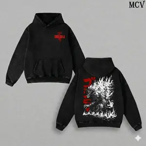Godzilla Valentine Washed Hoodie, Retro Vintage Movie Graphic Pullover, Oversized Heavyweight Cotton Unisex Streetwear Gift for Men