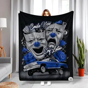 Flannel blanket with laughing clown face and vintage car pattern - thick and warm, suitable for all seasons, dark blue and black modern home decor bedspread, machine washable, customizable.