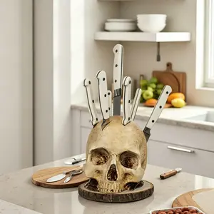 Horror Skull Knife Holder - Skull Cutting Knife Storage Rack, Spooky Kitchen Storage Head Rack, Gothic Kitchenware Decor, Spooky Atmosphere Decoration (5.9IN) Fits Steak Knife & Small Knife Only, Birthday Easter Container Blade Stand, No Knives Included t