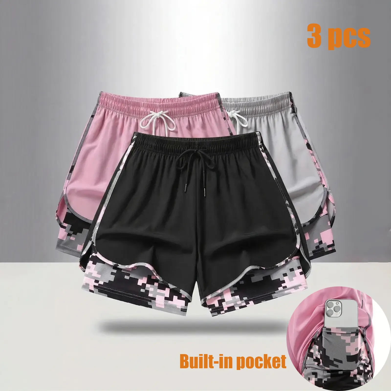 Women’s casual athletic shorts with built-in liner, drawstring, elastic waistband; suitable for outdoor sports, fitness, running, and casual wear; women’s shorts, athletic shorts, womenswear