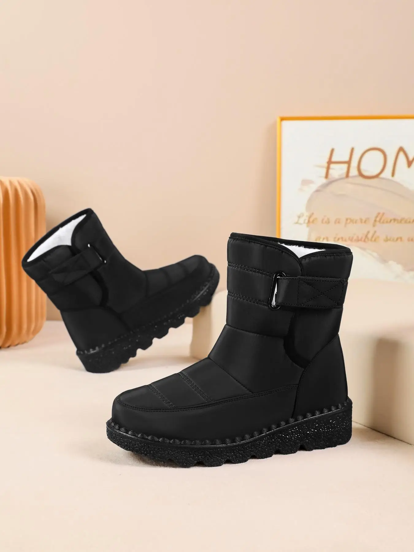 Women's Solid Color Velcro Design Snow Boots, Casual Warm Ankle Boots for Fall & Winter, Female All-match Trendy Winter Boots for Daily Wear