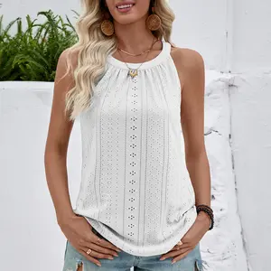 Women's Trendy Halter Neck Sleeveless Blouse Hollow Lace Loose Tunic Summer Casual Wear