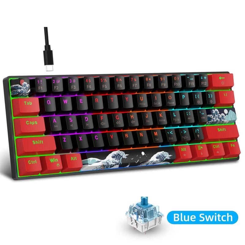 HXSJ 61-Keys Mechanical Gaming Keyboard, USB Powered Mini Keyboard, RGB Backlit Keyboard with Blue Switch, Tactile Feedback Keyboard, Computer Accessories