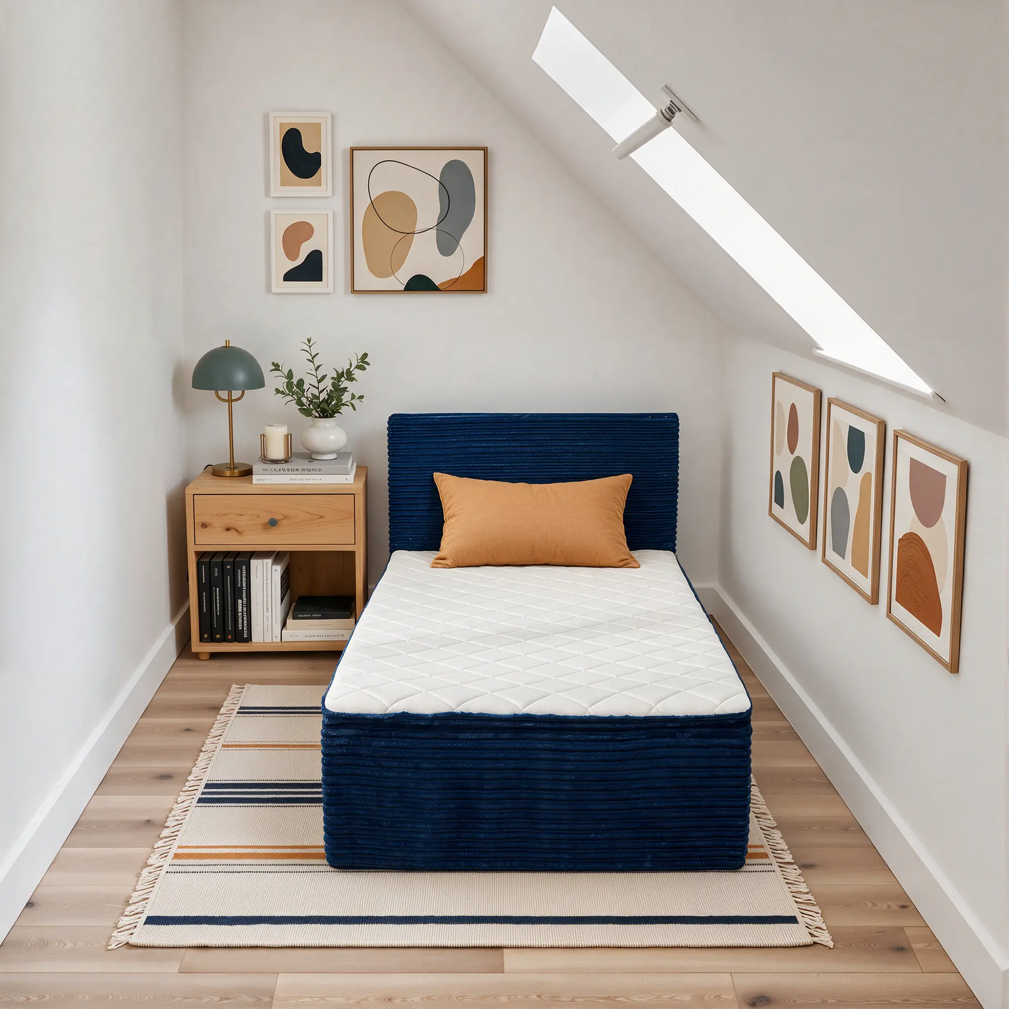 ALLWEX Cloud Floor Platform Bed with Mattress - 39" Twin, Modern Upholstered Frame, 16" Channel Weave Plush Headboard, 6-Layer Hybrid Foam Mattress with Pocket Springs, Easy Setup, Space-Saving High Density Foam Bed, Multi-Size,【CertiPUR-US Certified】