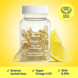 Ritual Omega 3 - Vegan - Science-Backed Dose of DHA & EPA Fatty Acids in 2:1 Ratio, Bioavailable, Brain and Heart Health Support, Minimal Burp-Back, Sustainably Sourced Microalgae, 30 Day Supply