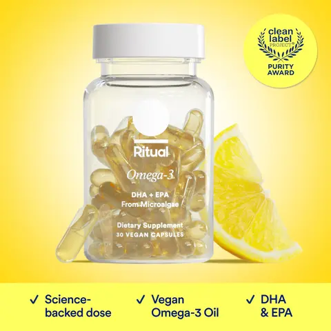Ritual Omega 3 - Vegan - Science-Backed Dose of DHA & EPA Fatty Acids in 2:1 Ratio, Bioavailable, Brain and Heart Health Support, Minimal Burp-Back, Sustainably Sourced Microalgae, 30 Day Supply