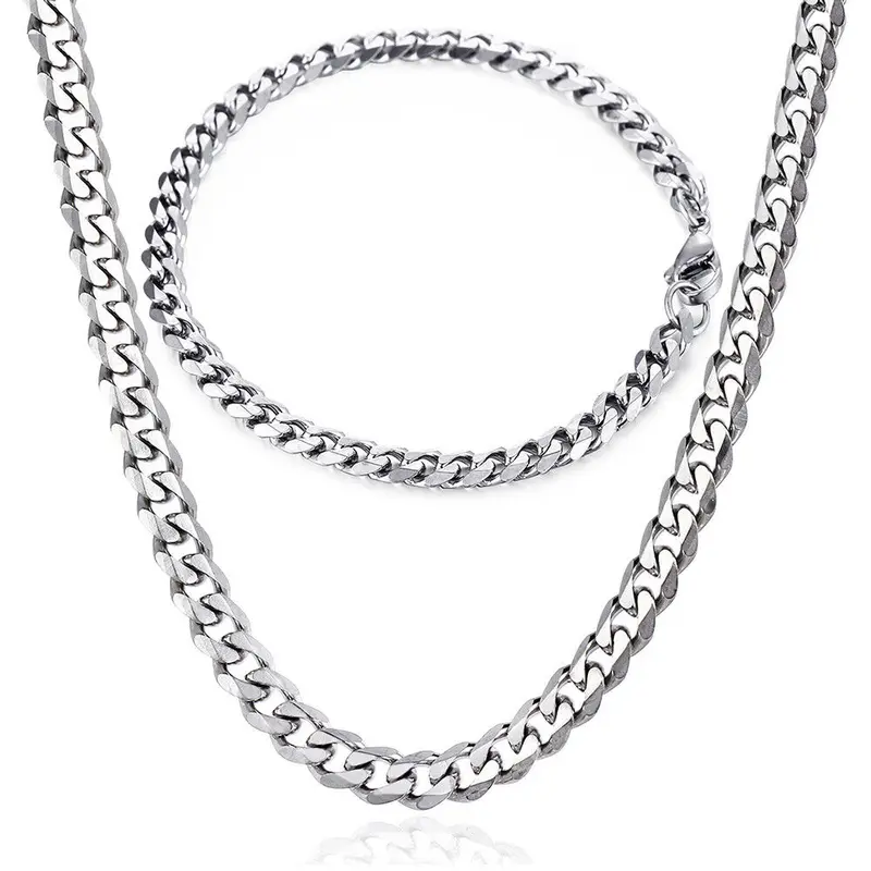 Stainless Steel 5MM Curb Cuban Chain Necklace & Bracelet Set for Men Women Fashionable Durable Jewelry Set