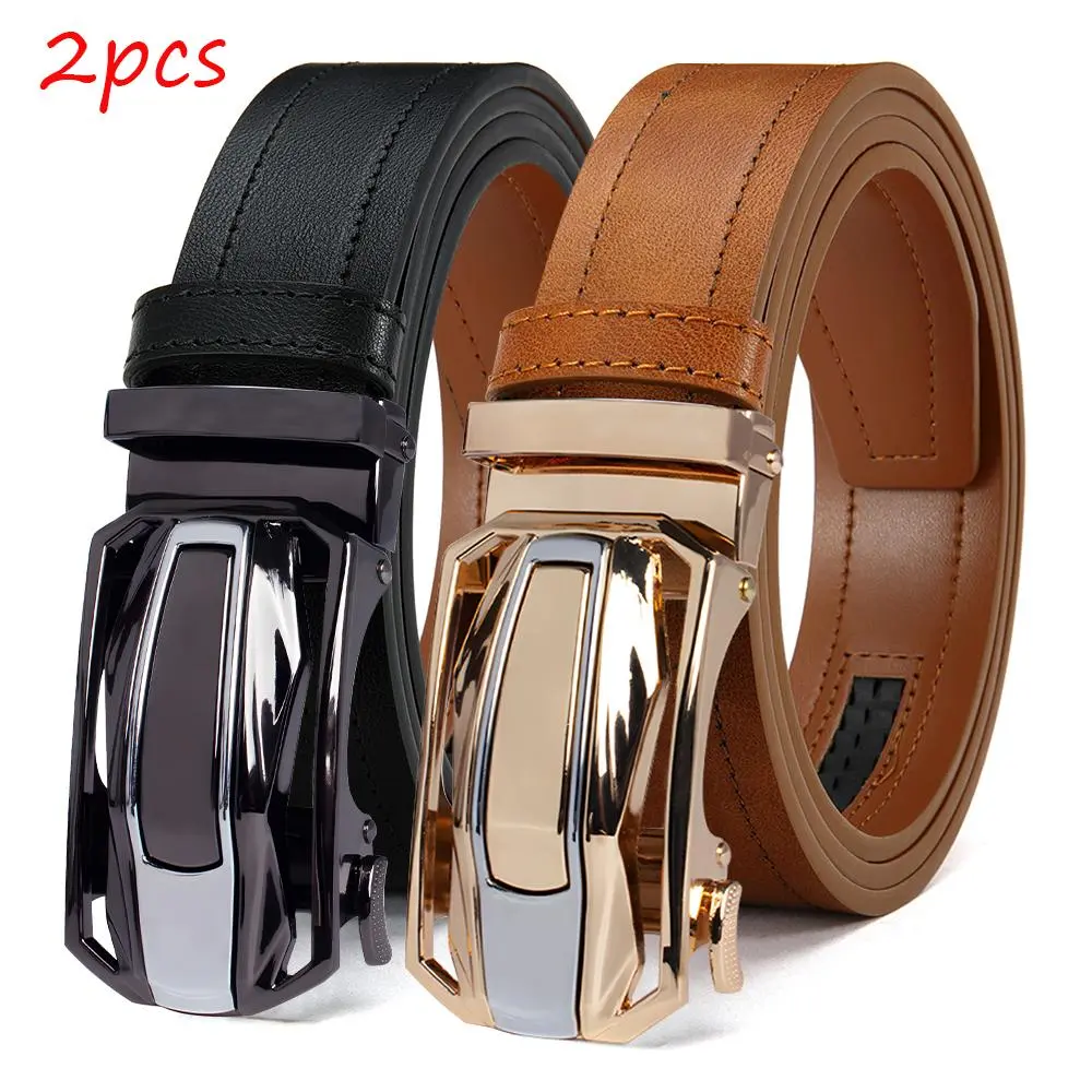 Men's Designer Leather Ratchet Belt (2pcs) - Adaptable-Fit, Automatic Buckle, Cut-to-Fit, Easy Release, No Hole, for Business Dress & Casual Wear, Premium Accessory Ideal for Birthday Gifting, Adaptable-Fit Men's Belts, Automatic Men's Belts