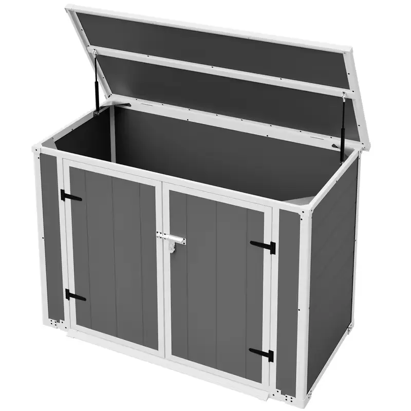 Plastic Horizontal Outdoor Storage Cabinet with Hydraulic Support Top Lid, Weather Resistant Storage Shed, Lockable Door, for Lawn Equipment, Trash Bin, Tools & Firewood Storage And Organization, for Backyard, Patio, Garden, Box, Cabinet