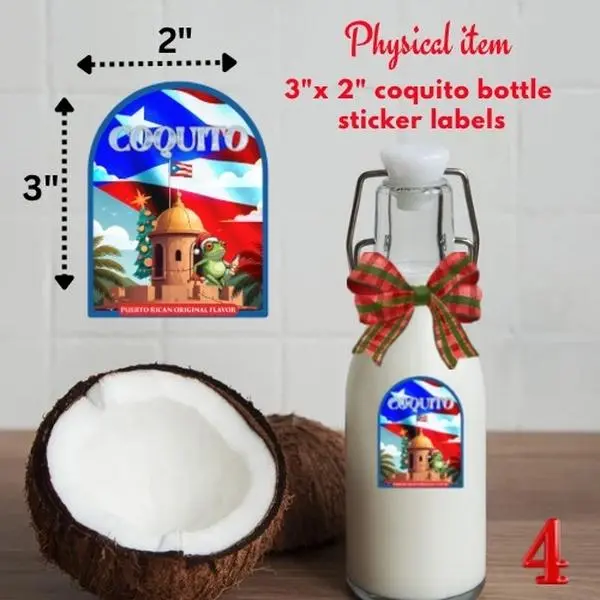 Coquito Brand 3x2 Coquito Bottle Labels Stickers 2 Inch by 3 Inch Decorative Stickers for Bottles Coconut Design Festive Holiday Decoration
