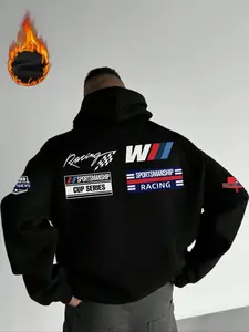 Men's Hooded Sweatshirt Fall & Winter Long Sleeve, Racing Style Pattern, Casual Commuter Wear, Fleece Lined Warm Pullover