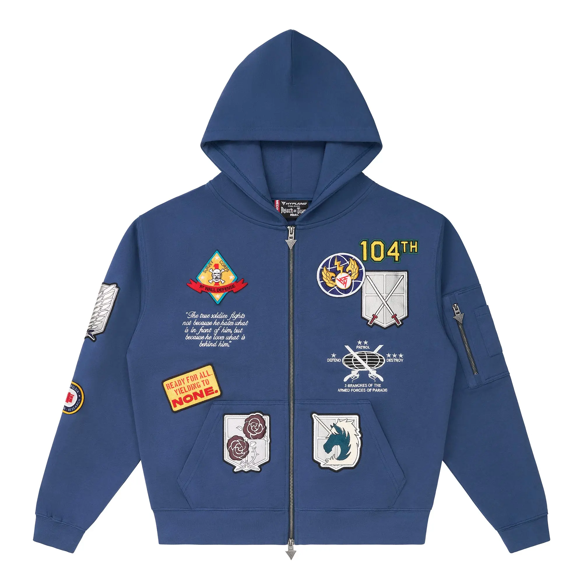 Men's Official Attack on Titan Collaboration 100% Cotton Blue Embroidered Zip-Up Hoodie - Casual Long Sleeve True Size Clothes, Menswear Sweatshirt Top