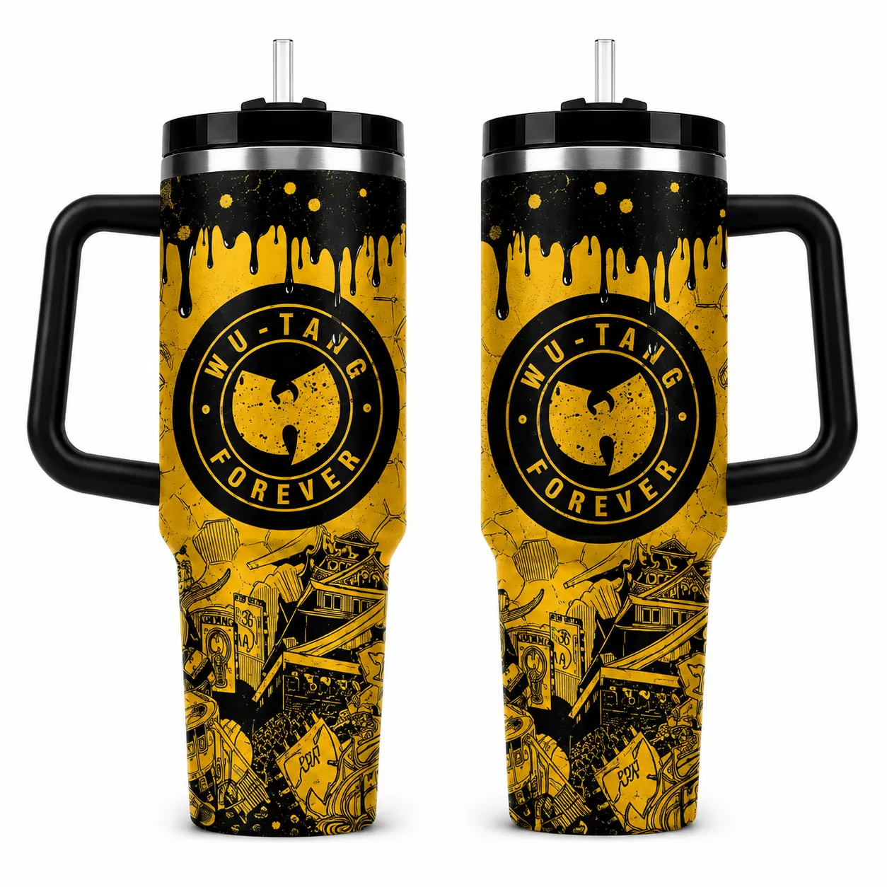 Retro Hip Hop Graphic Tumbler with Handle and Straw, 40oz Insulated Stainless Steel Travel Cup, Yellow Street Art Design, Reusable Coffee Water Cup, Gift for Music Lovers