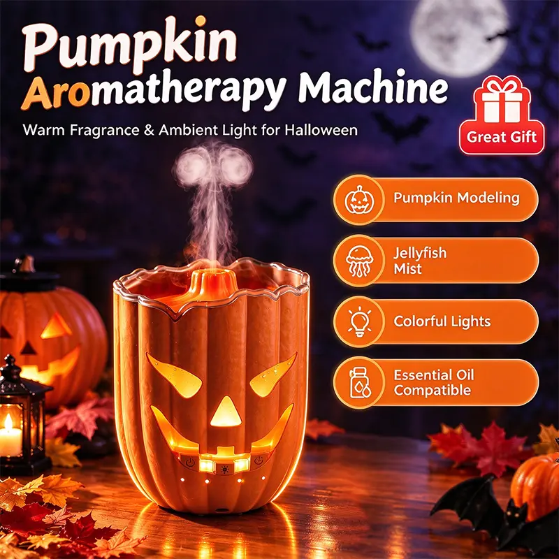 Halloween Pumpkin Aromatherapy Diffuser, Ultrasonic Essential Oil Humidifier with Jellyfish Mist, Color Changing Lights & Remote Control, Home Bedroom Decor, Halloween Gift Desktop Room Humidifier Aromatizer