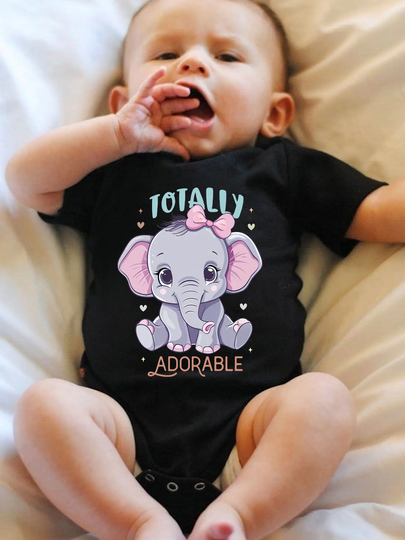 Baby "Totally Adorable" Elephant Short Sleeve Cotton Bodysuit, Cute Animal Graphic Romper