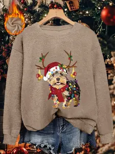Christmas Women's Warm Knitted Sweatshirt with Cute Yorkshire Dog Print, Casual, Stylish, Elegant, Autumn/Winter Knitted Sweatshirt, Christmas Party Outfit