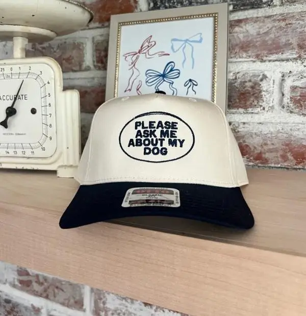 Ask Me About My Dog Trucker Hat – Funny Embroidered Dog Lover Cap, Cream & Black Pet Hat, Cute Dog Mom Hat, Conversation Starter Hat for Women & Men