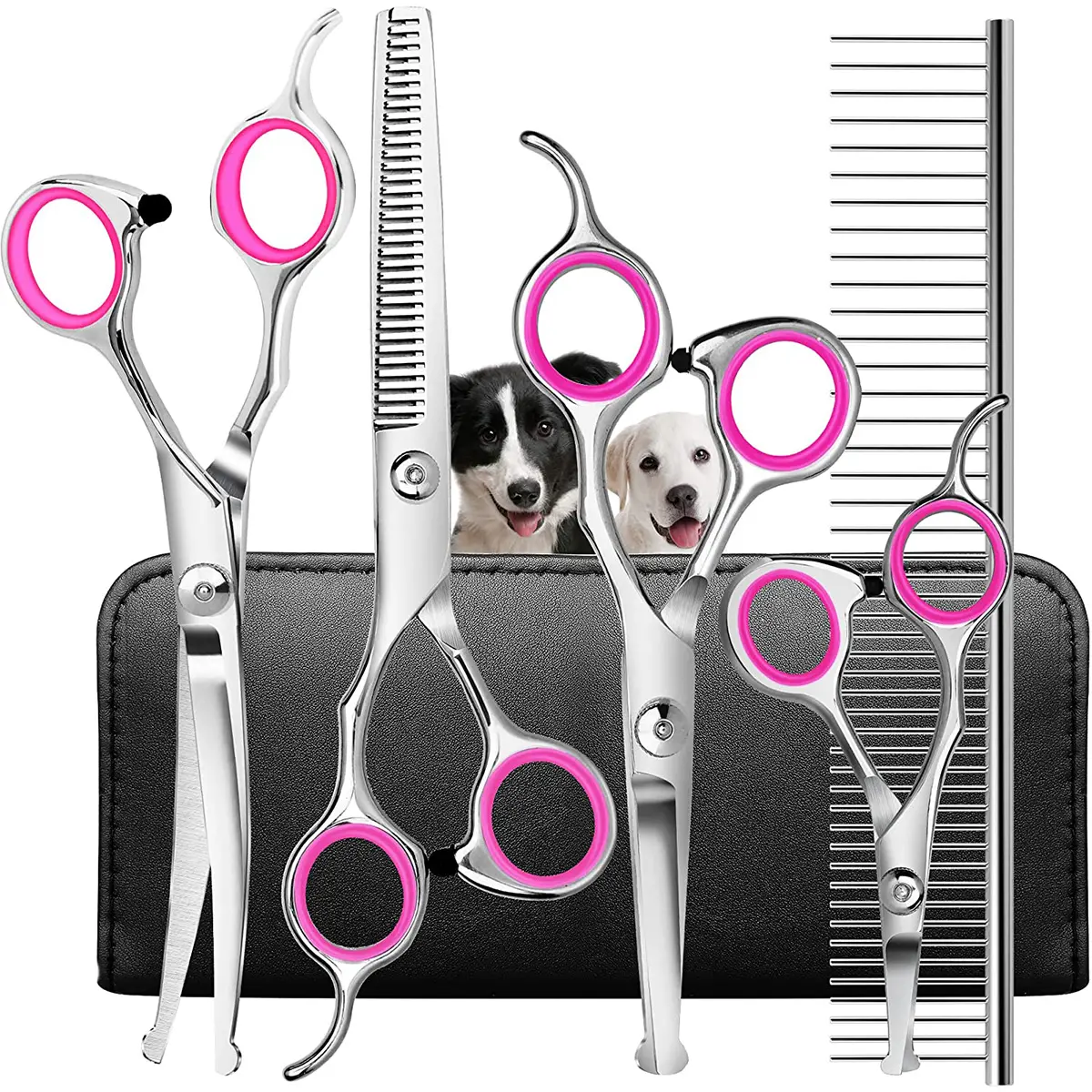 Titanium Steel 6 PCS Dog & Cat Grooming Scissors Set - 4.5'' Round-Tip Safety Straight, 6.5'' Curved, 6.5'' Thinning Scissors for Right-Hand Trimming, Deodorant Hair Care, Universal Fit Tools