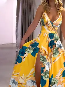 A women's floral-print V-neck Summer dress with slits and a back opening, showing off the figure and making one look slim, with a stylish, elegant and Feminine beach vibe.