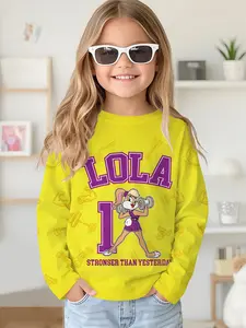 Long-sleeved crewneck drop-shoulder sweatshirt top T-shirt with digital print of a yellow-background weightlifting rabbit, long-sleeved clothing for girls in spring and autumn, 100% polyester, the best gift for girls