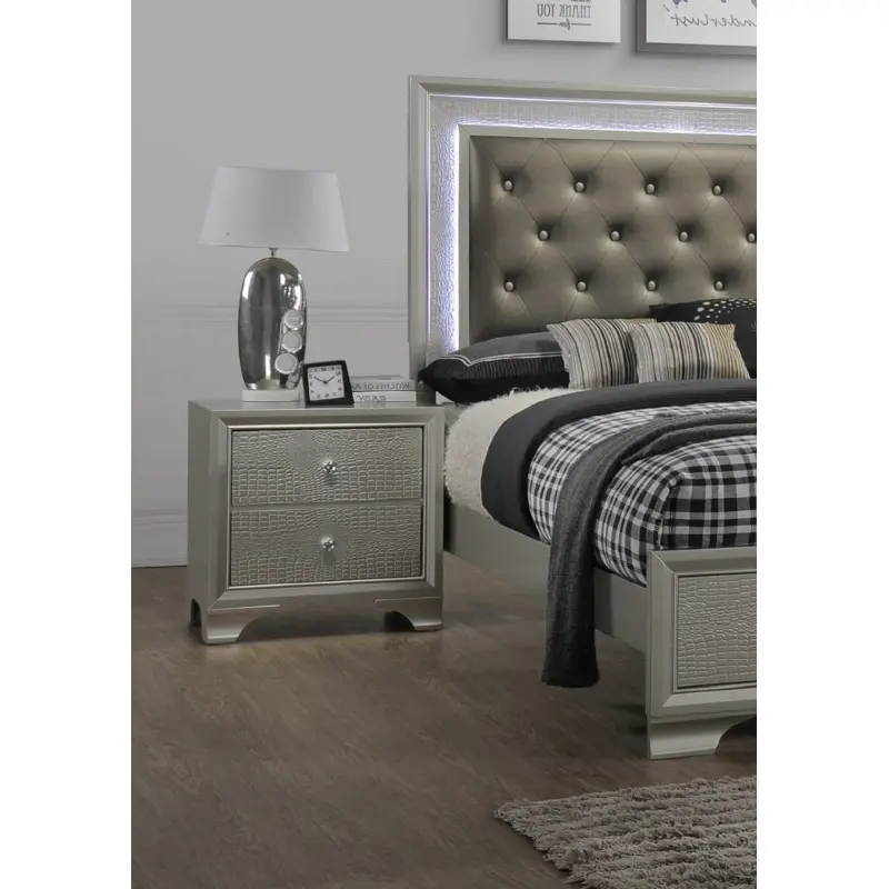 1pc Modern Glam Style Champagne Finish Two Drawer Nightstand Embossed Crocodile Pattern