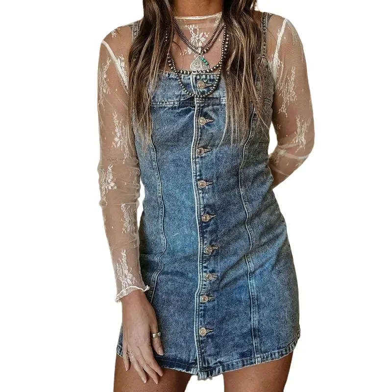 Women's Vintage Western Style Slim Fit Strap Denim Dress - Cotton Tiered Piece with Distressed Main Fabric, Suitable for Early Spring, Autumn, Summer Casual Wear,clothes,elegant