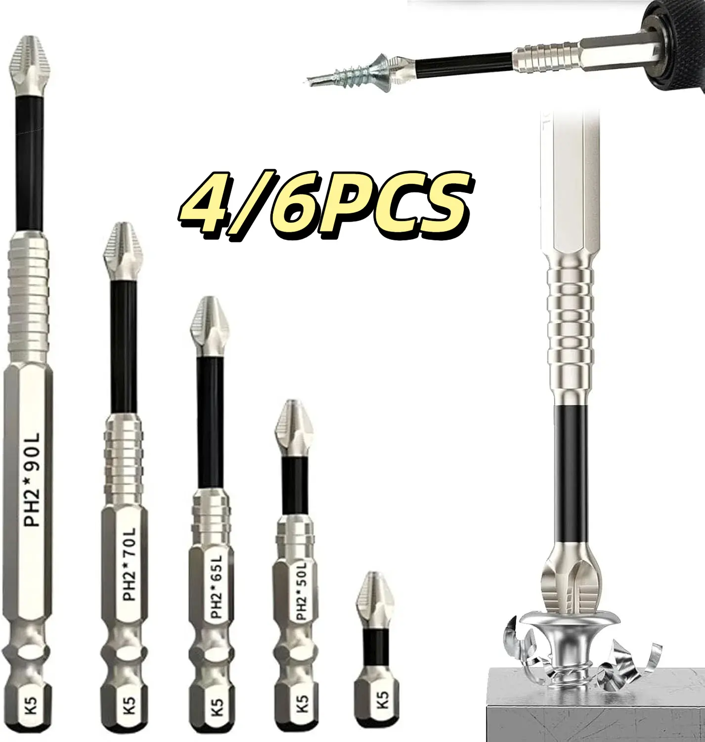 4/6PCS Impact-Resistant Magnetic Screwdriver Bit Set – Non-Slip Cross Head, Titanium Alloy Drill Bits, High Strength Impact Driver Bits