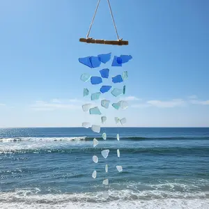 Natural Sea Glass Blue Waterfall Wind Chime, Ocean Gradient Flow Hanging Decor, Handmade Healing Home Balcony Decoration Gift