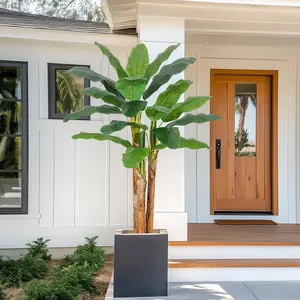 5ft-7ft Lifelike Faux Banana Tree with PE Leaves, Artificial Tropical Plant in Grey Planter, Decorative Fruit Pot for Home Office Indoor Decoration, Father's Day Gift