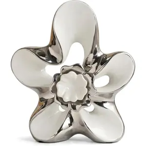 Ceramic Statue Home Decor Aesthetic Abstract Flower Sculpture Modern Decorative Statues for Living Room Bedroom Bookshelf Desktop Dinging Table Centerpiece Office(White and Silver)