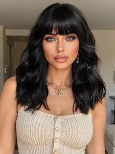 Bob Wavy Wig with Bangs for Women 16 Inch Short Wavy Wigs Natural Shoulder Length Synthetic Wigs for Daily and Cosplay Body Wavy Wigs Loose Wave Wigs