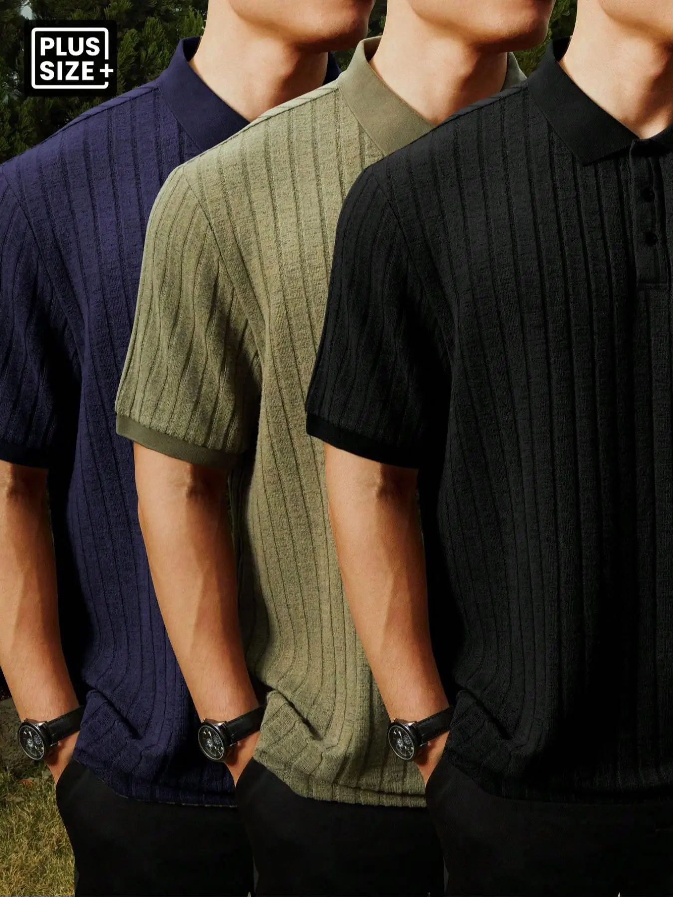 [Plus Size] Solid Color Pique Ribbed Knitted Polo Shirt, Regular Fit Casual Short Sleeve Collared Top for Summer, Men's Clothes for Daily Wear, Fitted Polo Shirts
