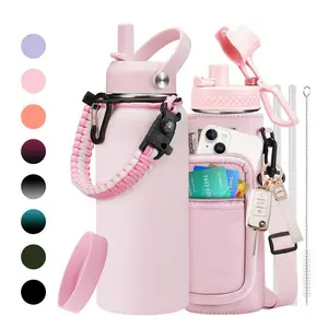 32oz 40oz 64oz Insulated Stainless Steel Water Bottle, Gallon Flask Water Bottle - Big Water Jug with Straw & Spout Lid, Paracord Handle, Carrier Bag, Pink