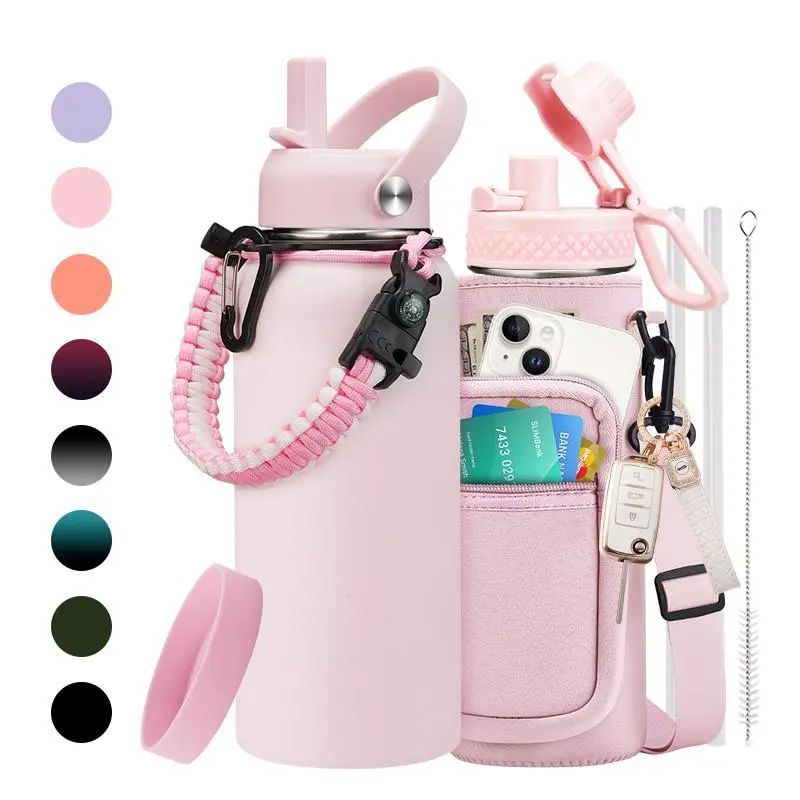32oz 40oz 64oz Insulated Stainless Steel Water Bottle, Gallon Flask Water Bottle - Big Water Jug with Straw & Spout Lid, Paracord Handle, Carrier Bag, Pink
