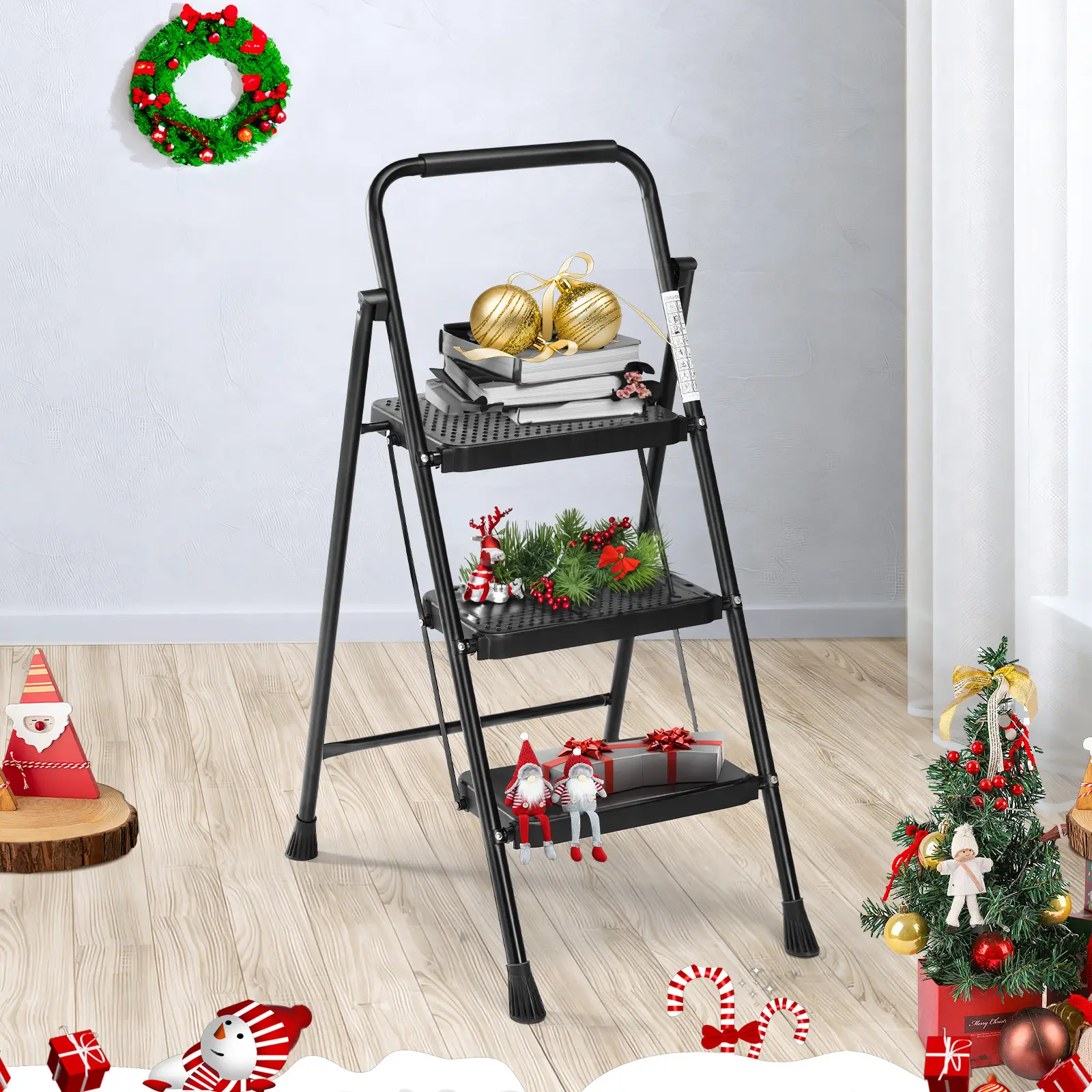 2 Step Ladder, 800lbs Sturdy Portable Ladder, Folding Step Stool with Anti-Slip Pedal, Cushioned Handle, Lightweight Step Stool for Home and Outdoor