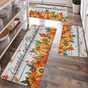 2/3pcs Autumn Thanksgiving Watercolor Pumpkin Kitchen Floor Mat Carpet, Retro Pumpkin Sunflower Printed Flannel Soft, Fall proof, Non slip Floor Mat, Thanksgiving Party Kitchen, Dining Room, Living Room, Entrance Door, Laundry Floor Decoration Floor Mat