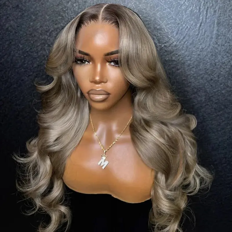 Ombre Silver Gray Ash Blonde Colored With Short Brown Roots 13X6 Lace Frontal Wig Brazilian Pre-Plucked With Baby Hair Ombre Honey Blonde Human Hair Wig For Women Body Wave Hairstyle 200% Density Wavy M Hairline Parting Max for Versatile Looks, Heat Resis