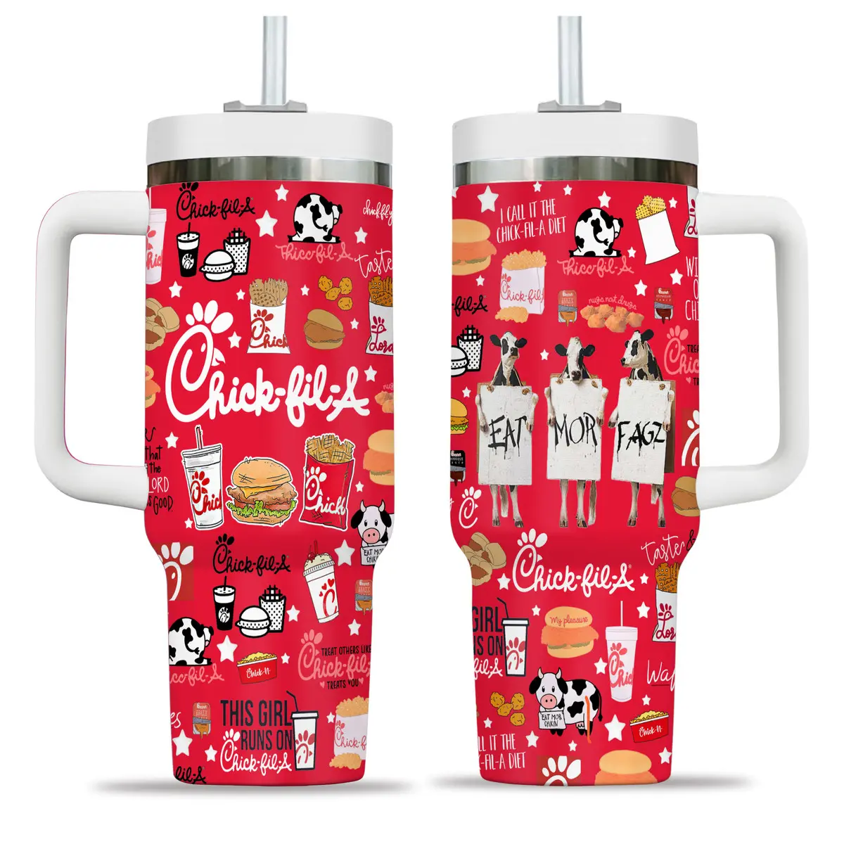 Chick-fil-A 40oz Tumbler With Handle & Straw, Insulated Stainless Steel Travel Mug, Chick-fil-A Inspired Fast Food Lover Cup, Leakproof Large Capacity Tumbler for Hot & Cold Drinks
