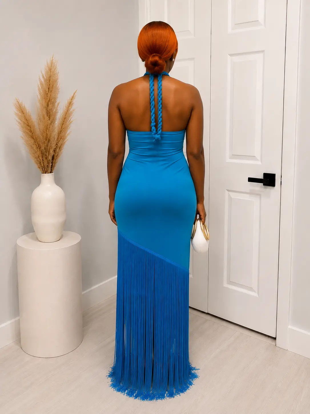 Blue Braided Halter Cutout Fringe Maxi Dress