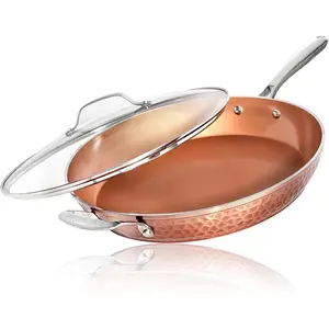 Hammered Copper 14 Inch Non Stick Frying Pan with Lid, Nonstick Frying Pan with Ceramic Coating and Induction Plate for Even Heating, Oven / Dishwasher Safe,   & Non