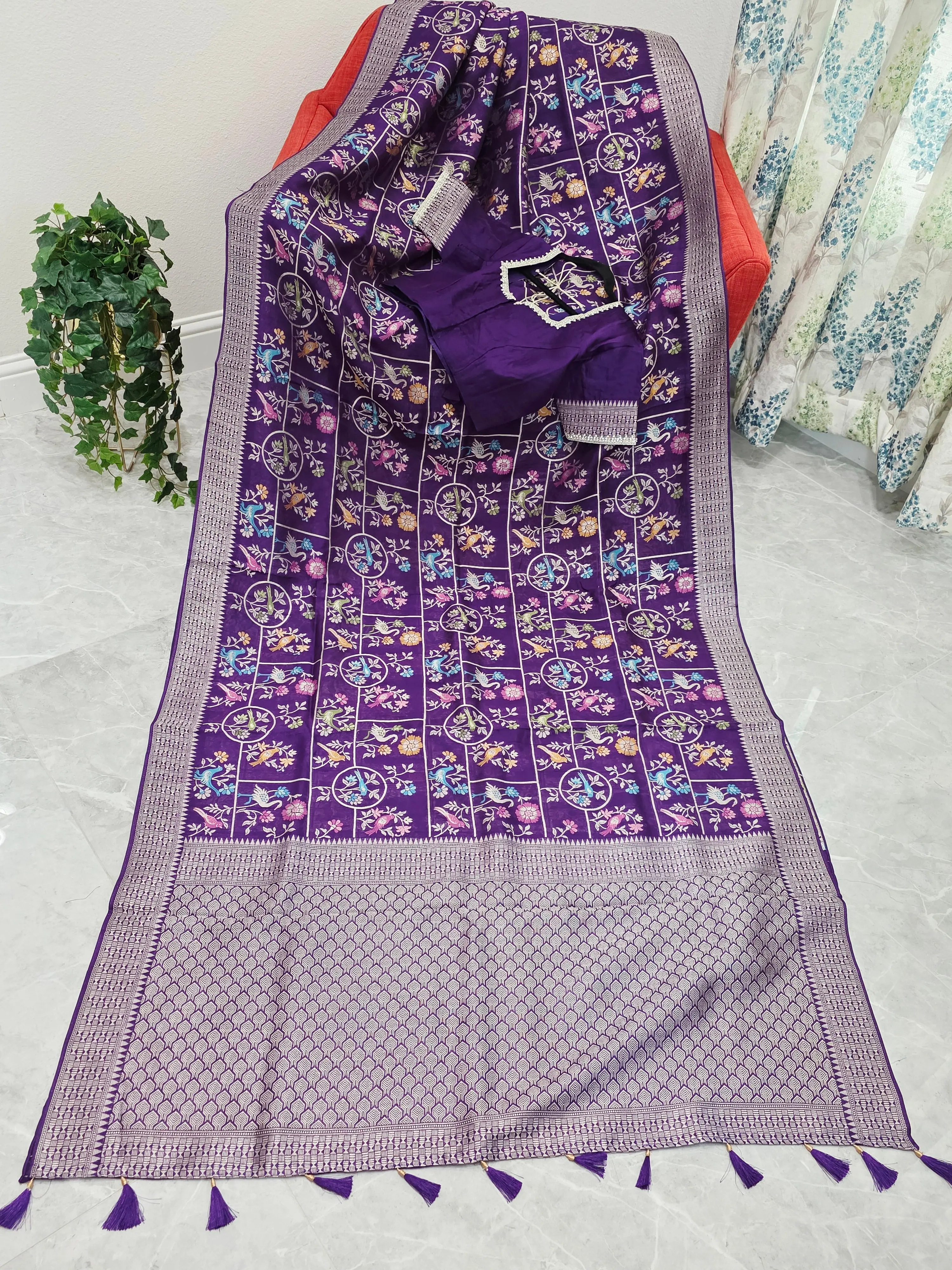 Royal Violet Chanderi Linen Tussar Blended Benarasi Saree With Stitched Blouse