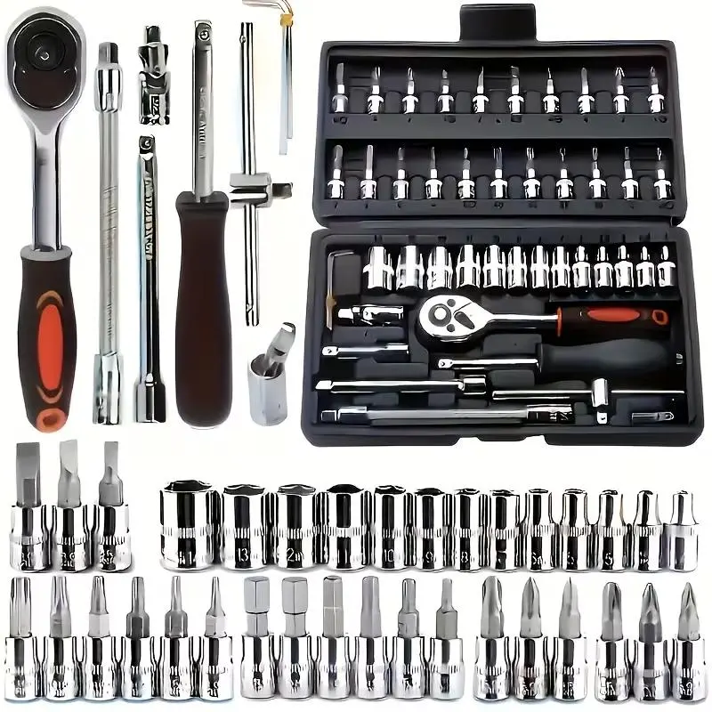 Socket Wrench Set, 46-in-1 Automobile Repair manual toolboxes, 1/4-inch drive includes screwdriver heads, hex wrenches, and tool storage boxes, for household and mechanical maintenance, durable, battery-free