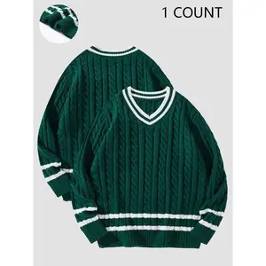 Men's Colorblock Striped Print Textured Sweater , Casual Long Sleeve V Neck Jumper for Fall & Winter, Men's Clothes for Daily Wear