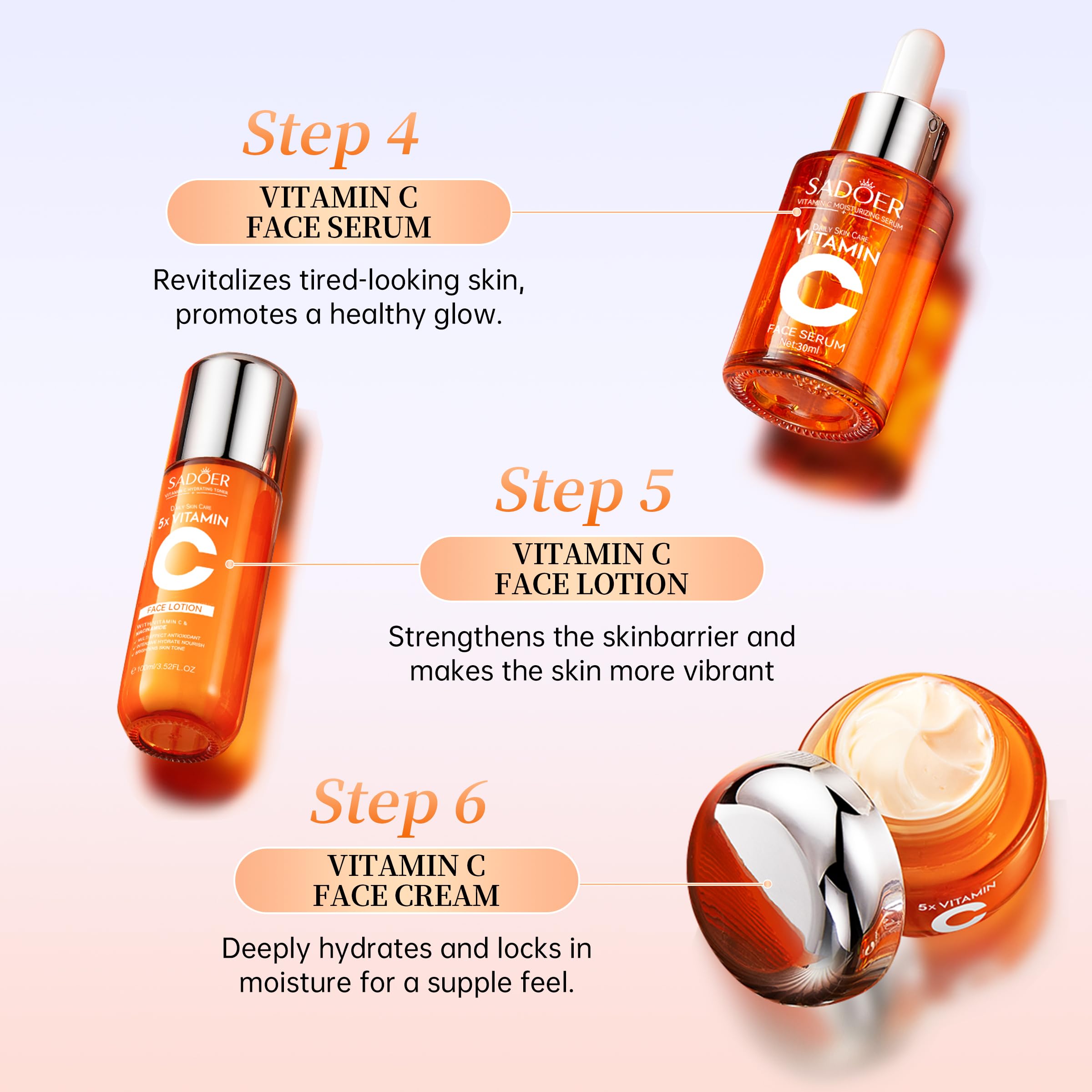 Glowing Skin Essential! SADOER 5X Vitamin C Care Set, Brightening Anti-Aging Hydrating Facial Kit